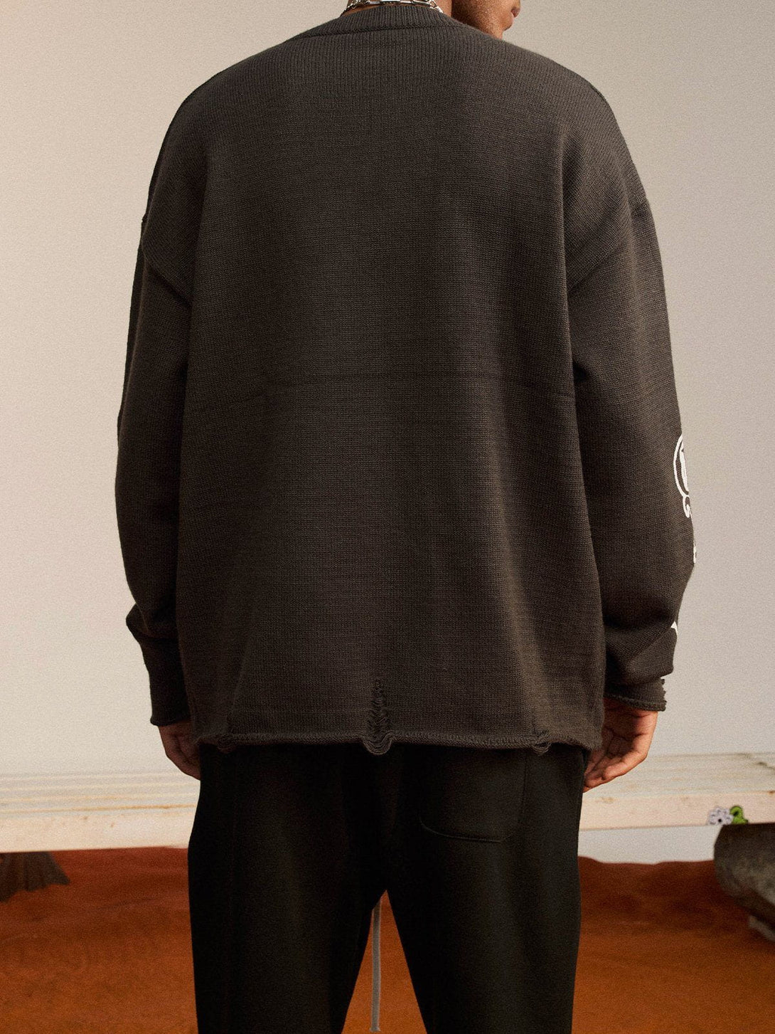 Majesda® - Scroll Print Ruined Ripped Sweater outfit ideas streetwear fashion