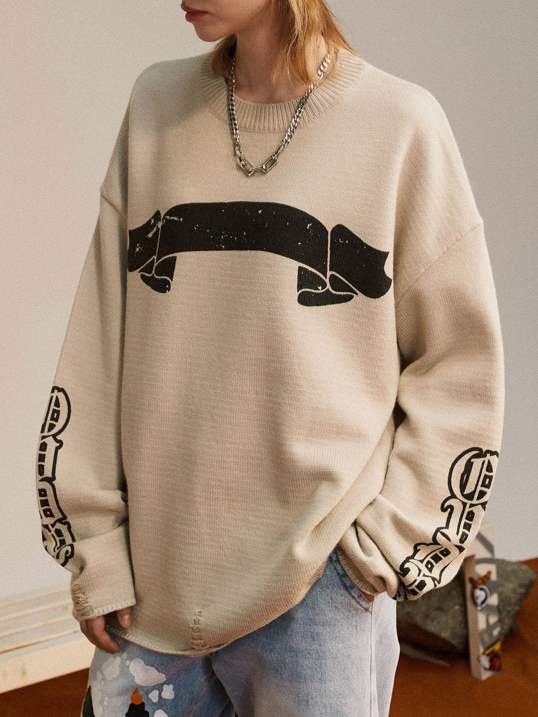 Majesda® - Scroll Print Ruined Ripped Sweater outfit ideas streetwear fashion