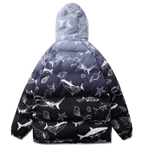 Majesda® - Shark Full Print Hood Puffer Jacket outfit ideas streetwear fashion