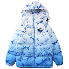 Majesda® - Shark Full Print Hood Puffer Jacket outfit ideas streetwear fashion