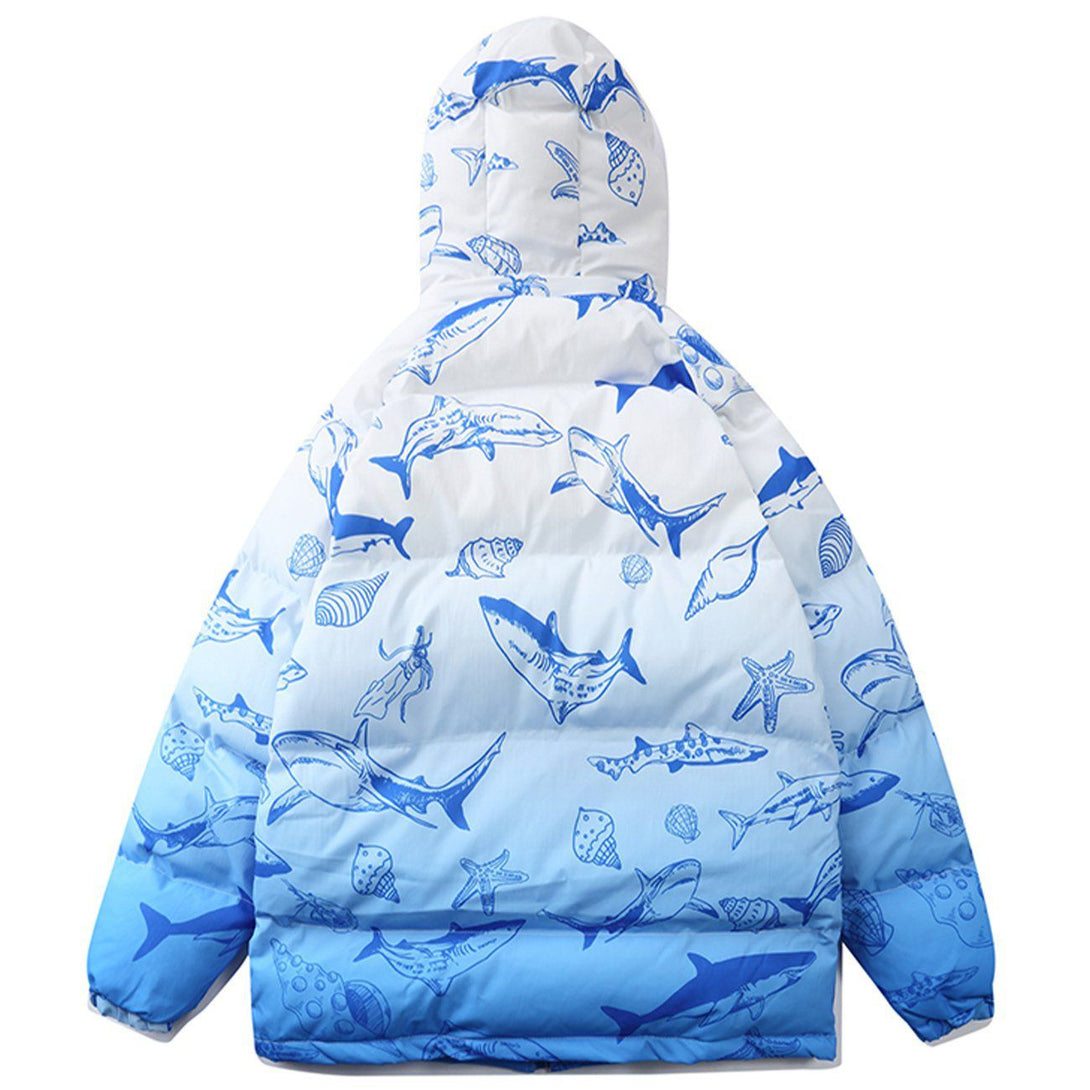 Majesda® - Shark Full Print Hood Puffer Jacket outfit ideas streetwear fashion