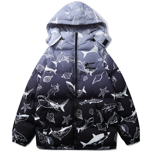 Majesda® - Shark Full Print Hood Puffer Jacket outfit ideas streetwear fashion