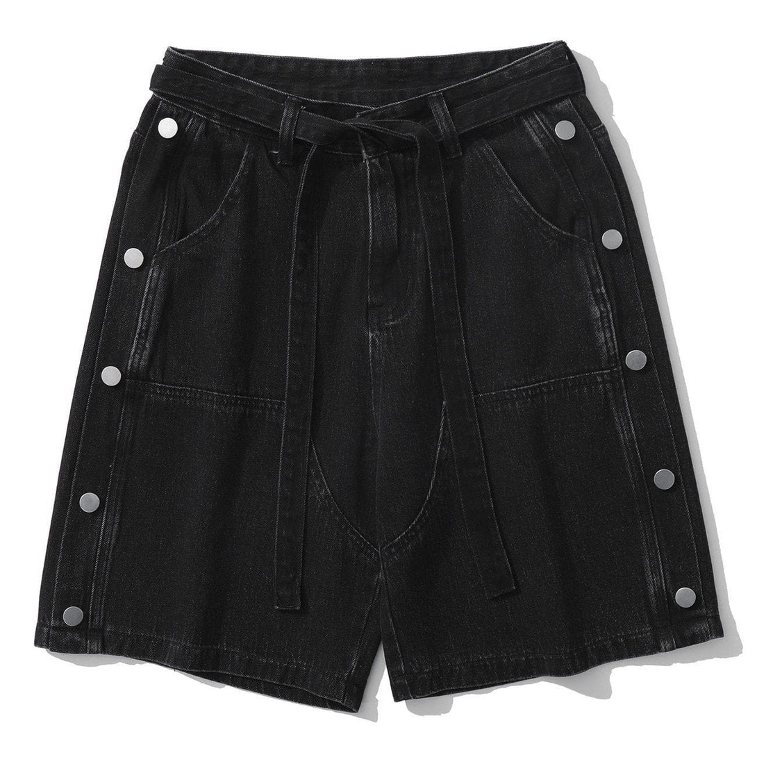 Majesda® - Side Button Straps Denim Shorts outfit ideas streetwear fashion