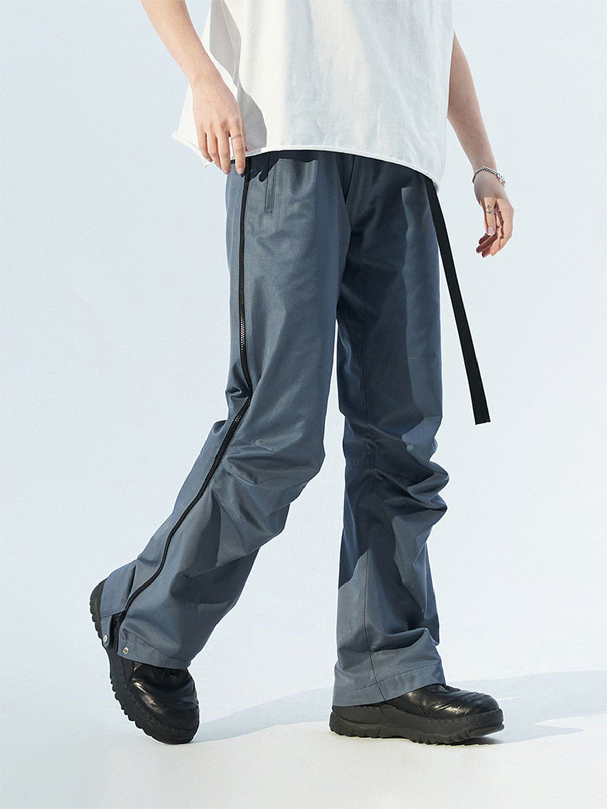 Majesda® - Side Zip Pleated Webbing Pants outfit ideas streetwear fashion