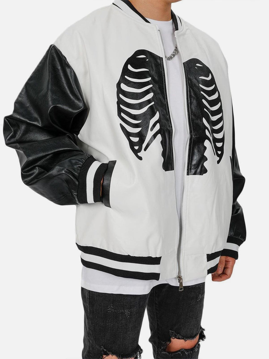 Majesda® - Skeleton Zip Up Varsity Jacket outfit ideas, streetwear fashion - majesda.com