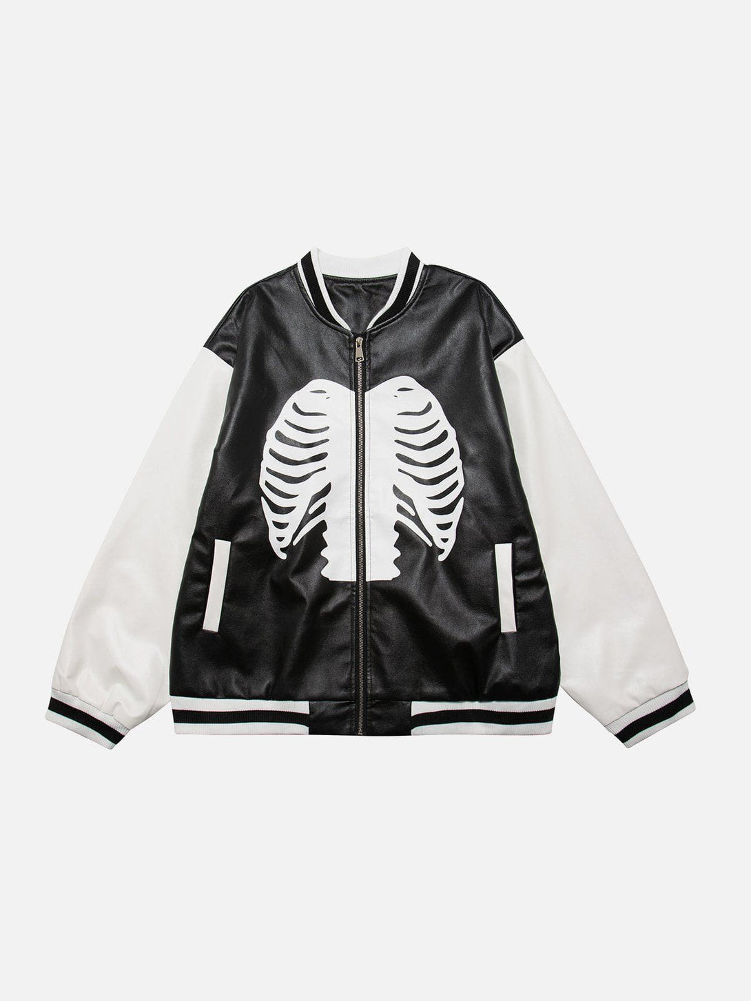 Majesda® - Skeleton Zip Up Varsity Jacket outfit ideas, streetwear fashion - majesda.com