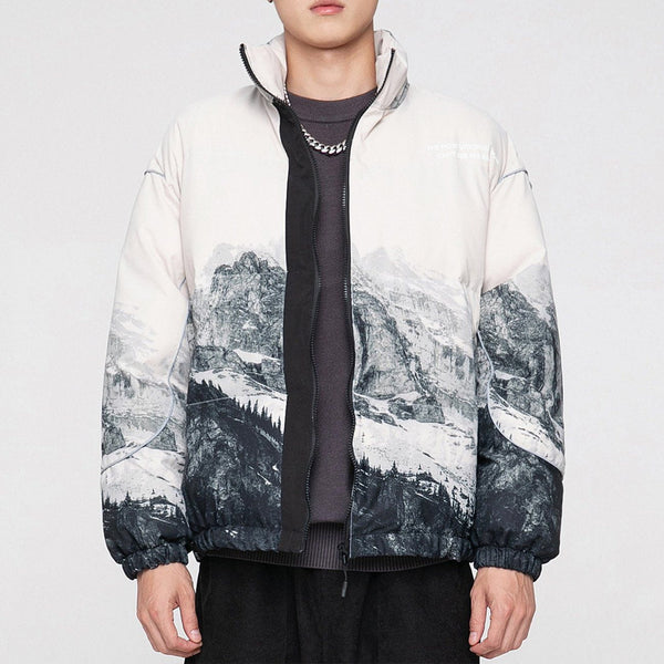 Majesda® - Snow Mountain Print Winter Coat outfit ideas streetwear fashion