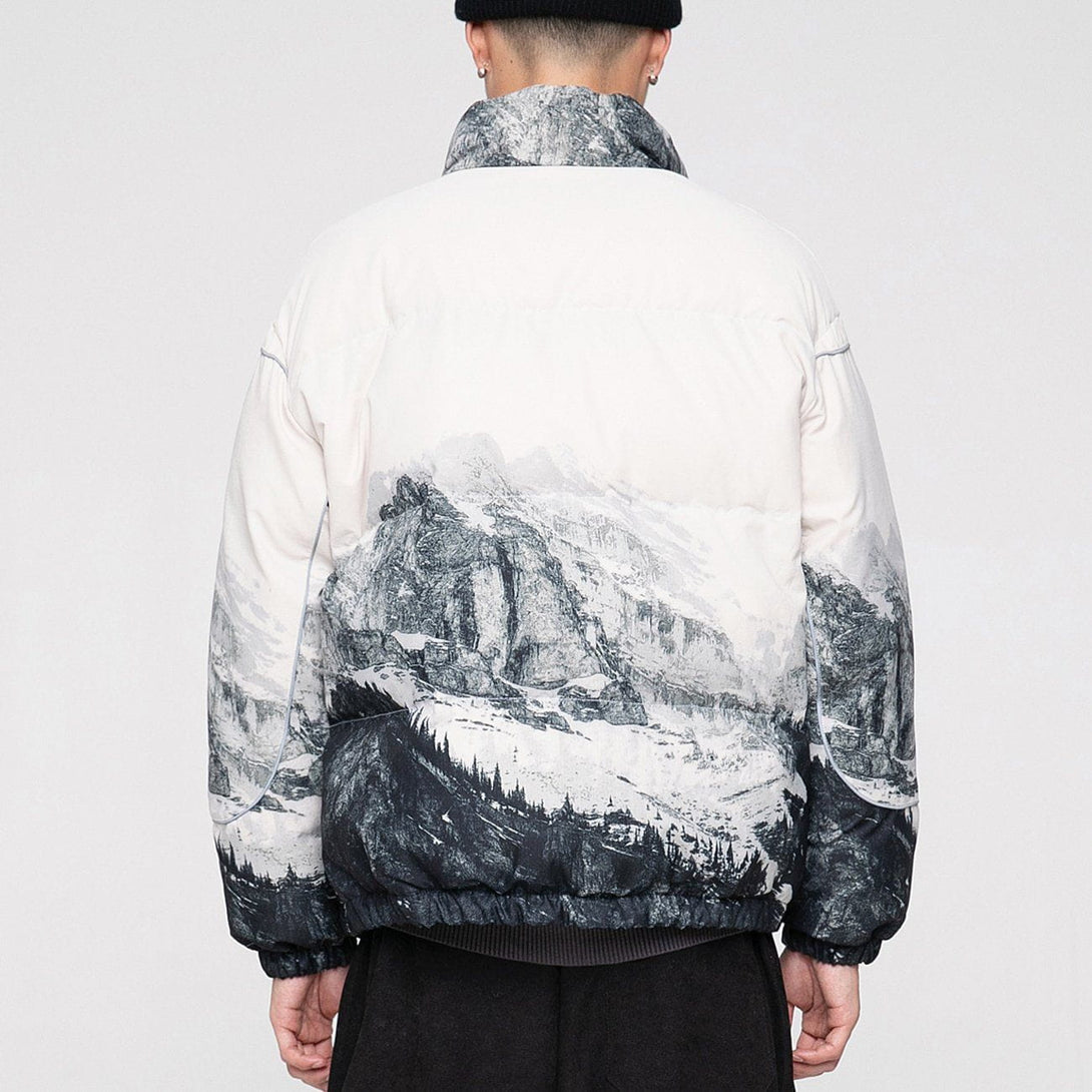 Majesda® - Snow Mountain Print Winter Coat outfit ideas streetwear fashion