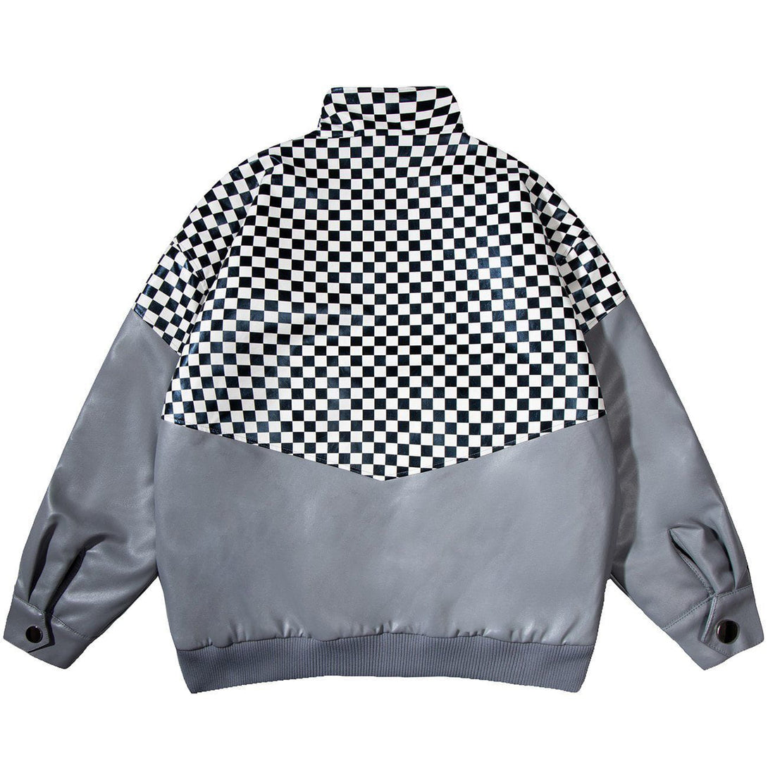 Majesda® - Splicing Checkerboard PU Winter Coat outfit ideas streetwear fashion