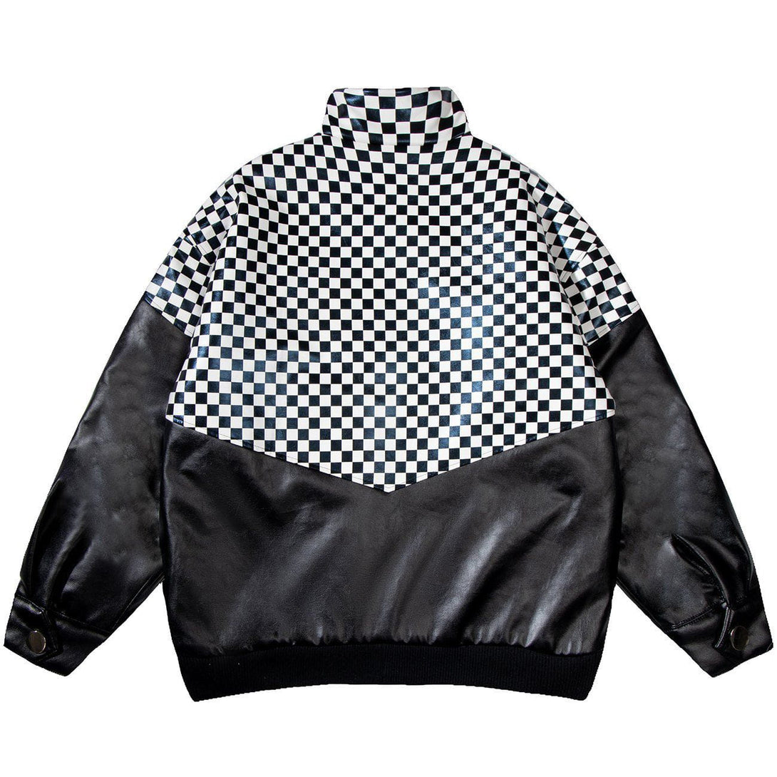 Majesda® - Splicing Checkerboard PU Winter Coat outfit ideas streetwear fashion