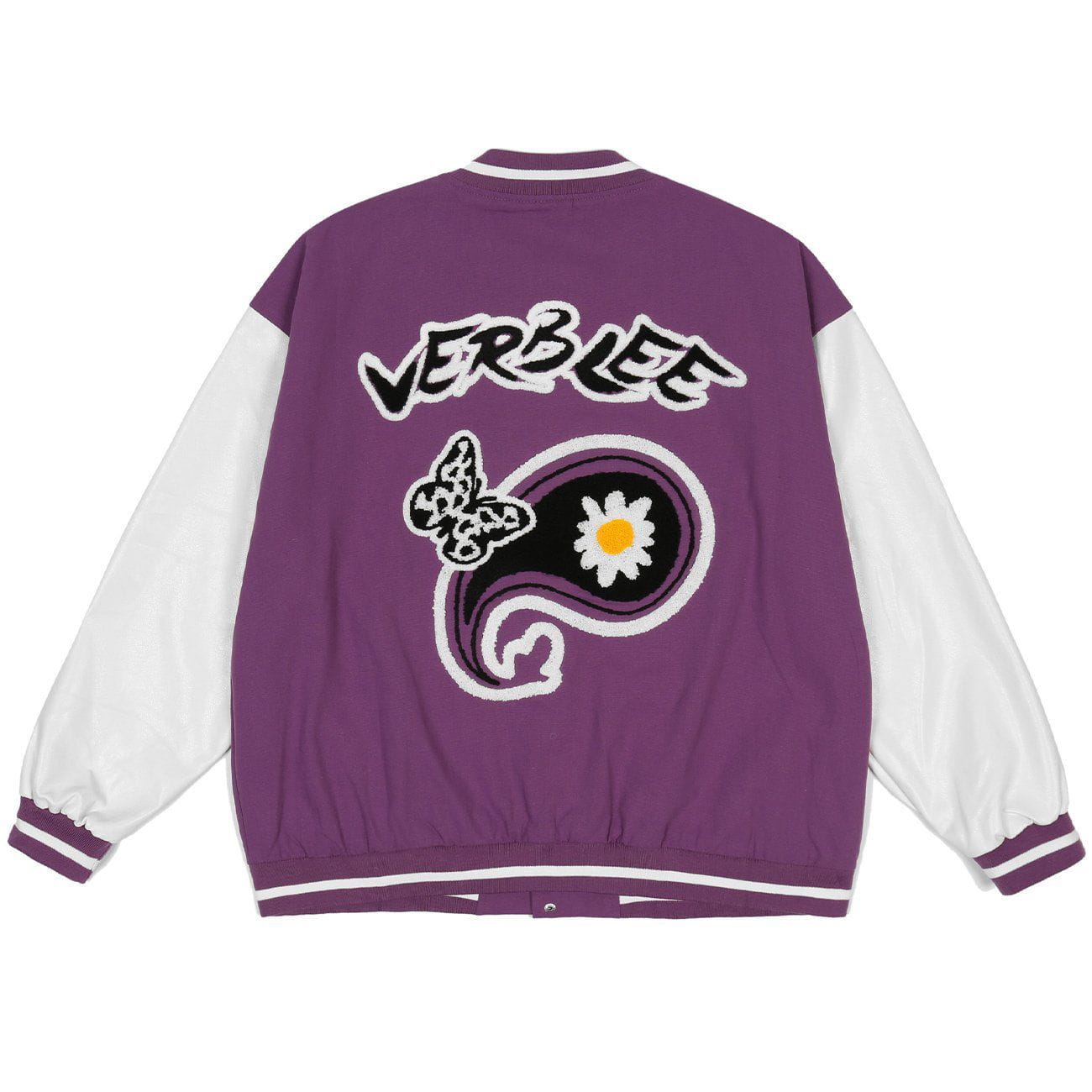 Majesda® - Spotted Butterfly Daisy Embroidery Varsity Jacket outfit ideas, streetwear fashion - majesda.com
