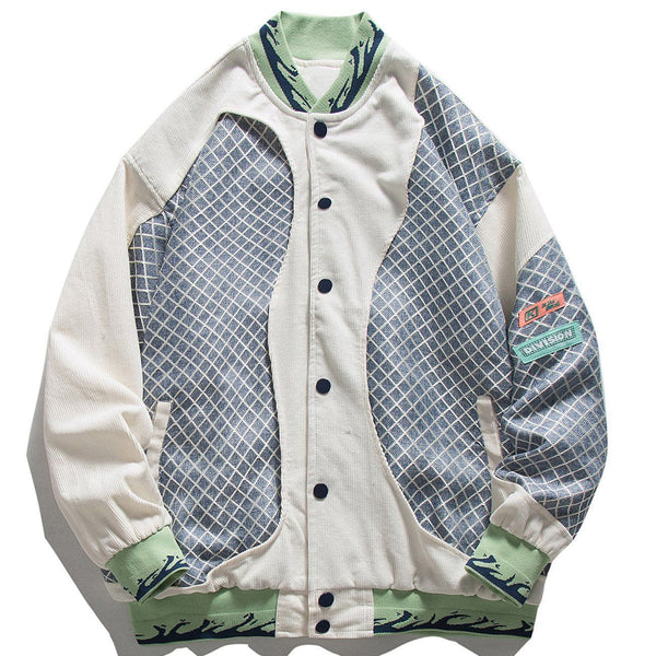 Majesda® - Stitch Checkerboard Varsity Jacket outfit ideas, streetwear fashion - majesda.com
