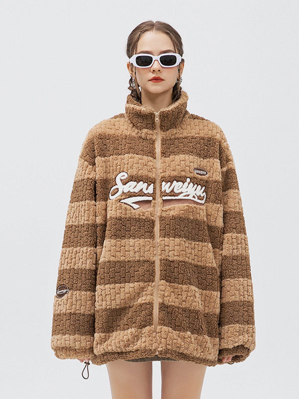 Majesda® - Stripe Flocked Letters Sherpa Coat outfit ideas streetwear fashion