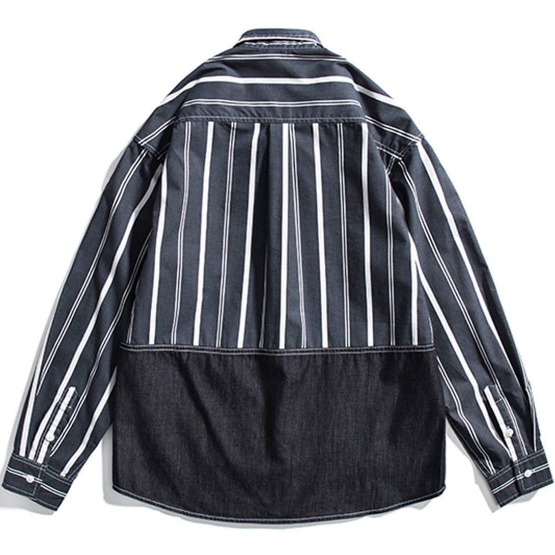 Majesda® - Stripe Splicing Denim Long-sleeved Shirt outfit ideas streetwear fashion