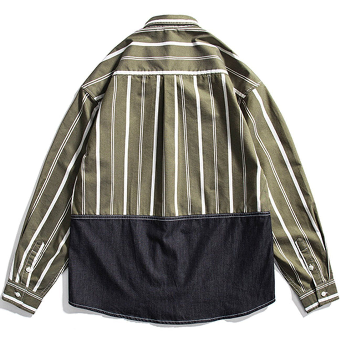 Majesda® - Stripe Splicing Denim Long-sleeved Shirt outfit ideas streetwear fashion