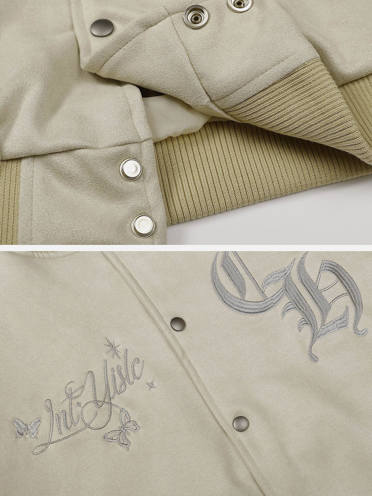Majesda® - Suede Embroidered Varsity Jacket outfit ideas, streetwear fashion - majesda.com