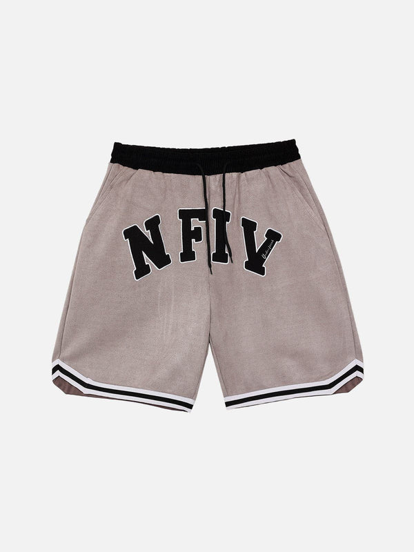 Majesda® - Suede "NFIV" Letters Print Shorts outfit ideas streetwear fashion