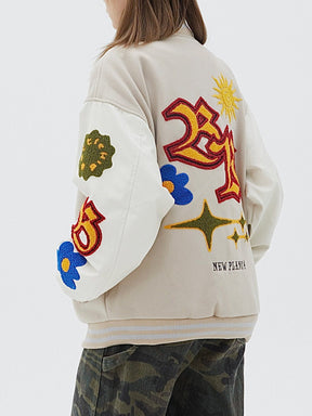 Majesda® - Sun Flowers Embroidery Varsity Jacket outfit ideas, streetwear fashion - majesda.com
