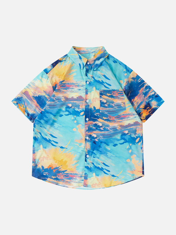 Majesda® - Sunset Print Short Sleeve Shirts outfit ideas streetwear fashion