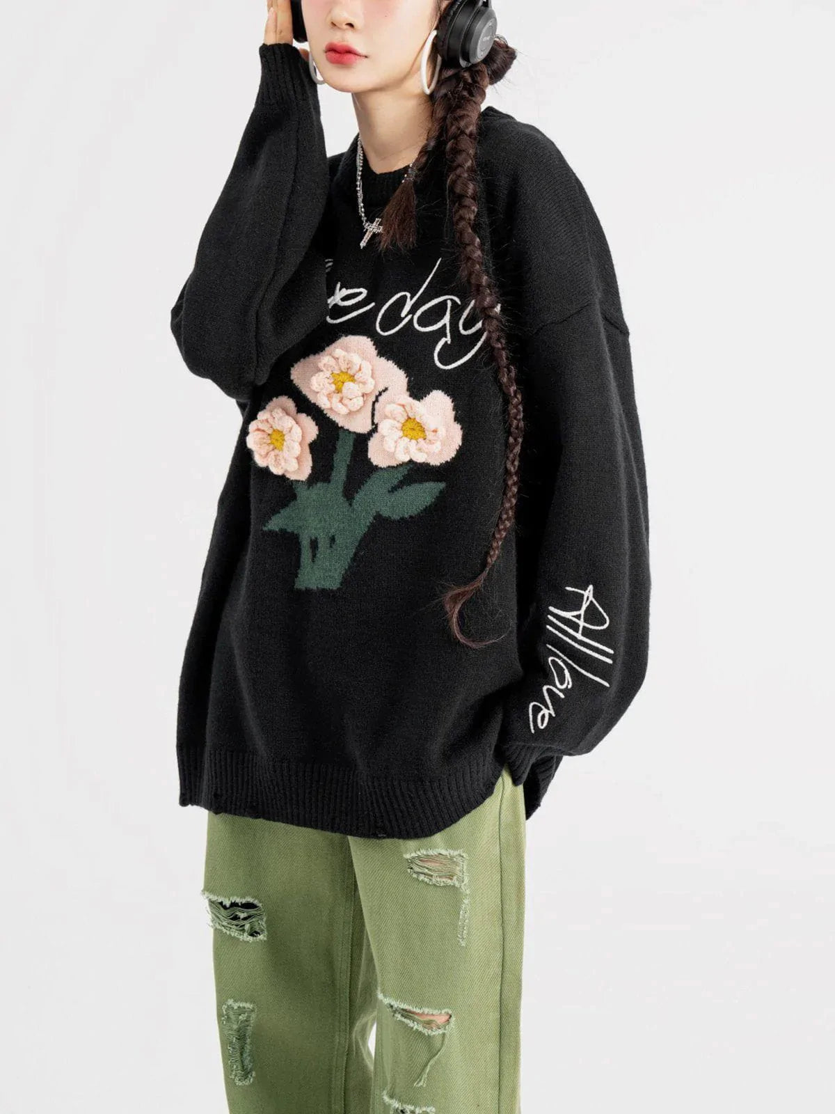 Majesda® - Three-Dimensional Flowers Sweater outfit ideas streetwear fashion