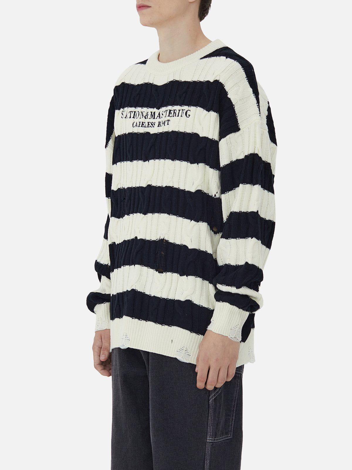 Majesda® - Torn Stripe Collision Color Sweater outfit ideas streetwear fashion