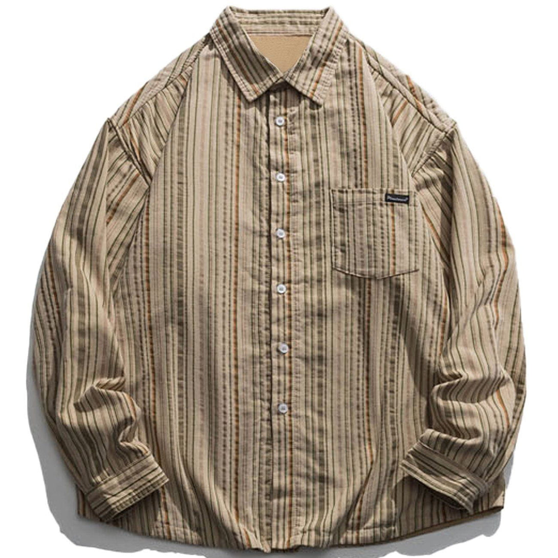 Majesda® - Vertical Stripes Plus Fleece Long-sleeved Shirt outfit ideas streetwear fashion
