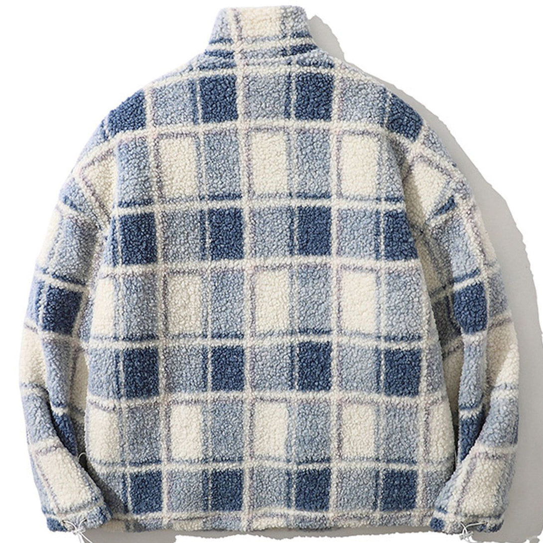 Majesda® - Vintage Checkerboard Plaid Sherpa Coat outfit ideas, streetwear fashion - majesda.com