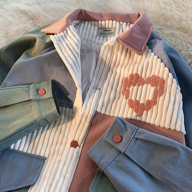 Majesda® - Vintage Corduroy Jacket Heart Color Block outfit ideas, streetwear fashion - majesda.com