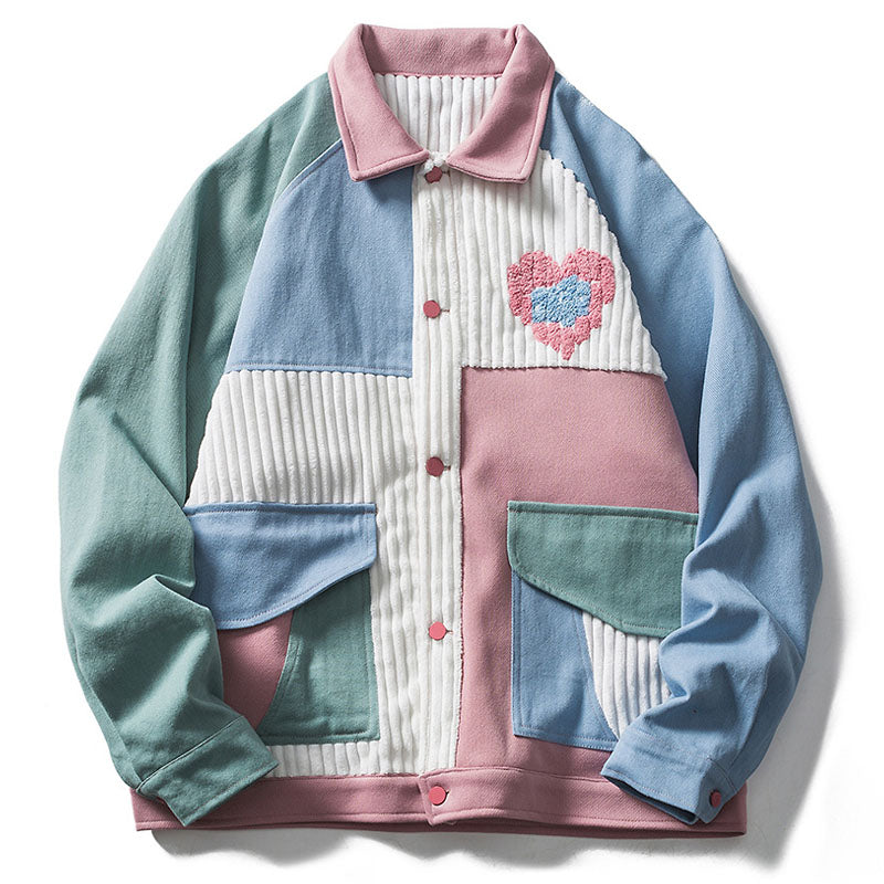 Majesda® - Vintage Corduroy Jacket Heart Color Block outfit ideas, streetwear fashion - majesda.com