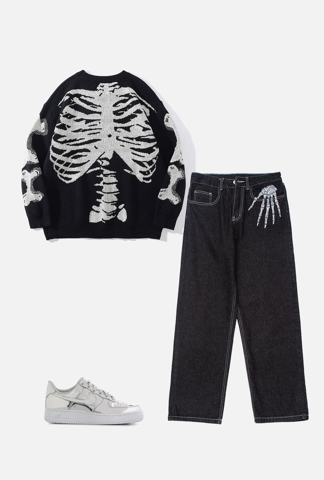 Majesda® - Vintage Skull Bone Embroidery Jeans outfit ideas streetwear fashion