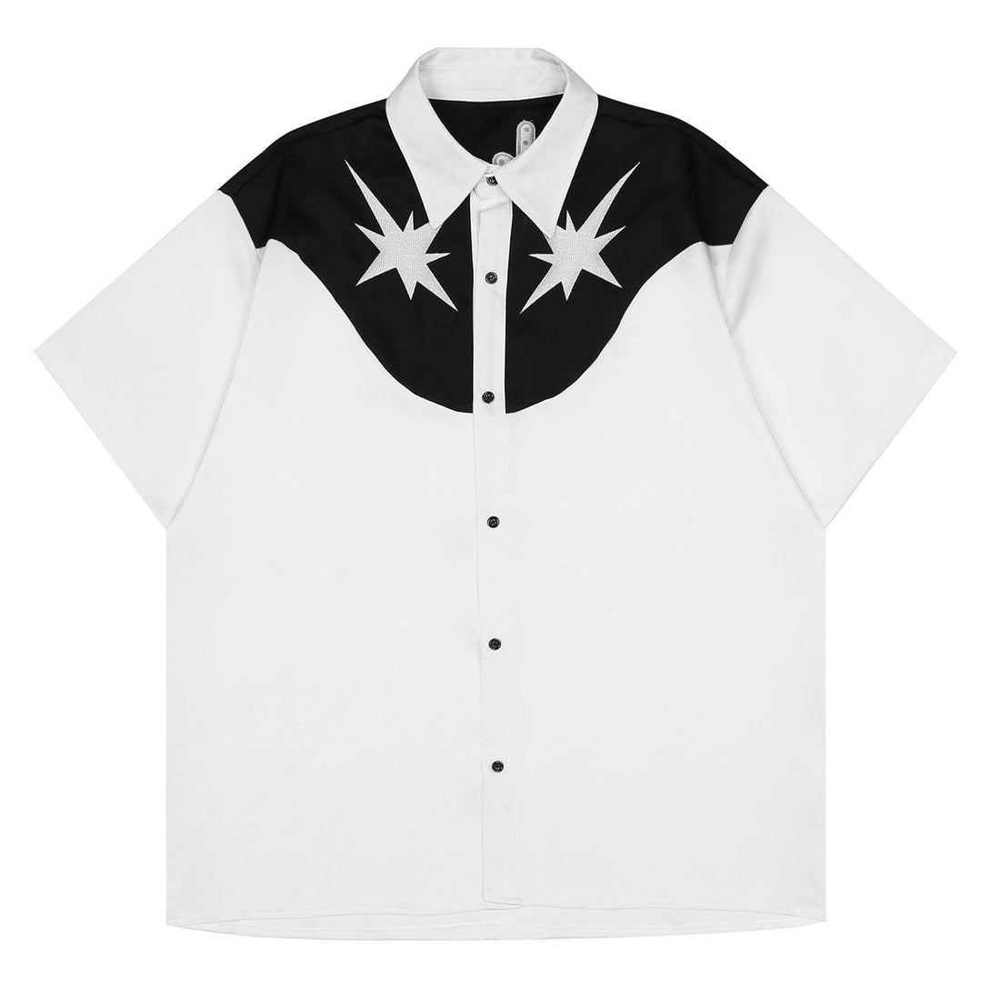 Majesda® - Vintage Stars Embroidery Patchwork Short Sleeve Shirt outfit ideas streetwear fashion