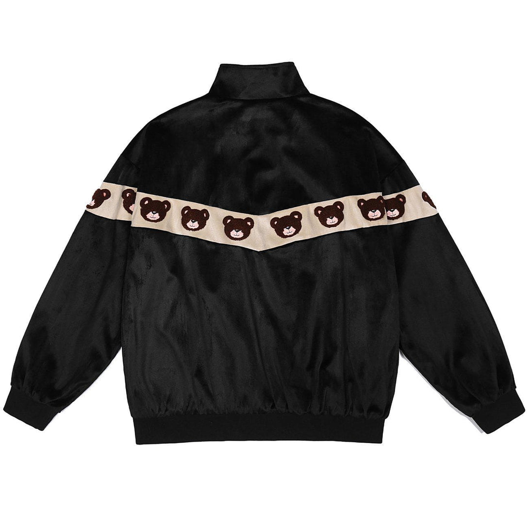 Majesda® - Vintage Stitching Bear Head Embroidered Jacket outfit ideas streetwear fashion