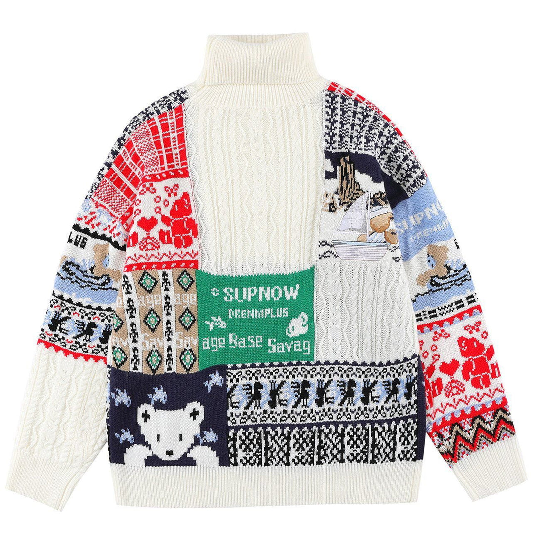 Majesda® - Vintage Stitching Bear Knit Sweater outfit ideas streetwear fashion