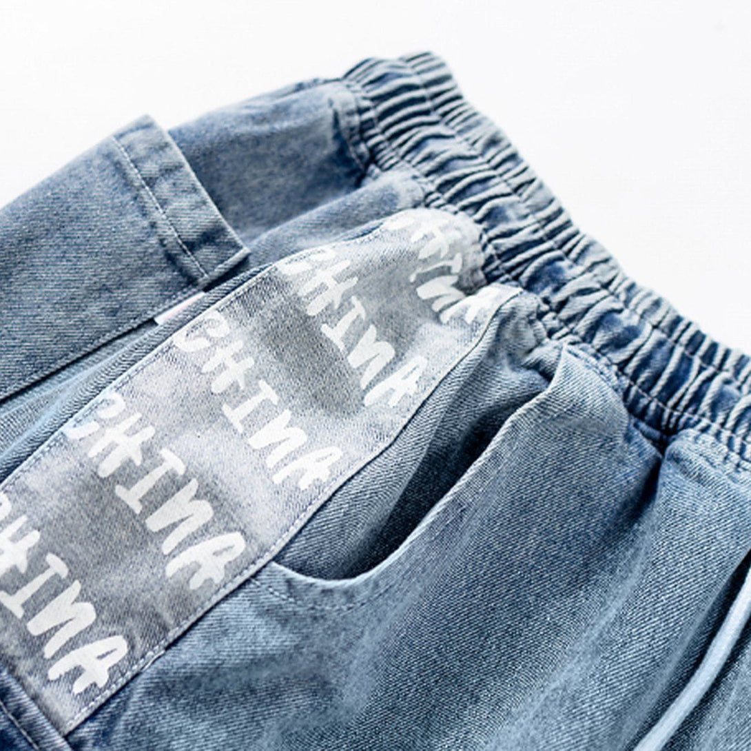 Majesda® - Vintage Stitching Pocket Letter Print Denim Shorts outfit ideas streetwear fashion
