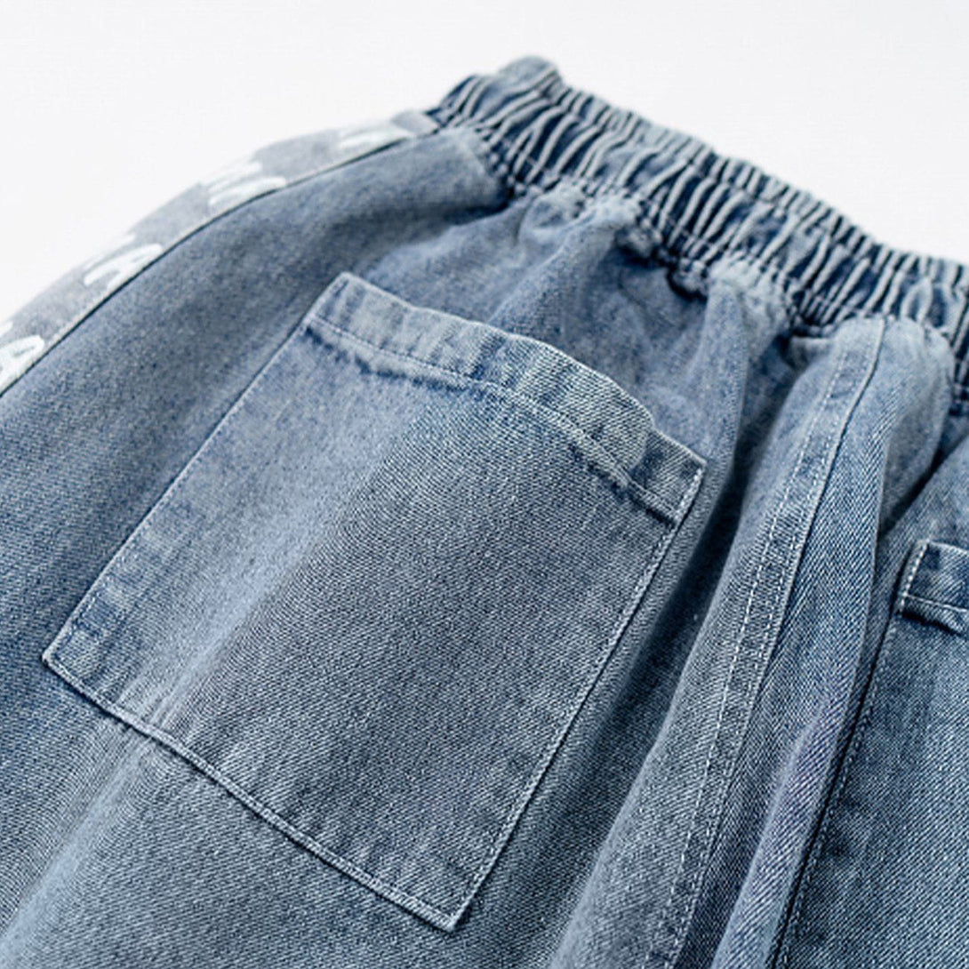 Majesda® - Vintage Stitching Pocket Letter Print Denim Shorts outfit ideas streetwear fashion