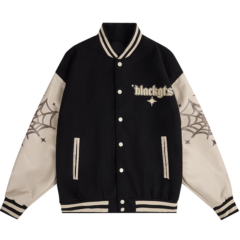 Majesda® - Vintage Varsity Jacket Spider Web Print outfit ideas, streetwear fashion - majesda.com