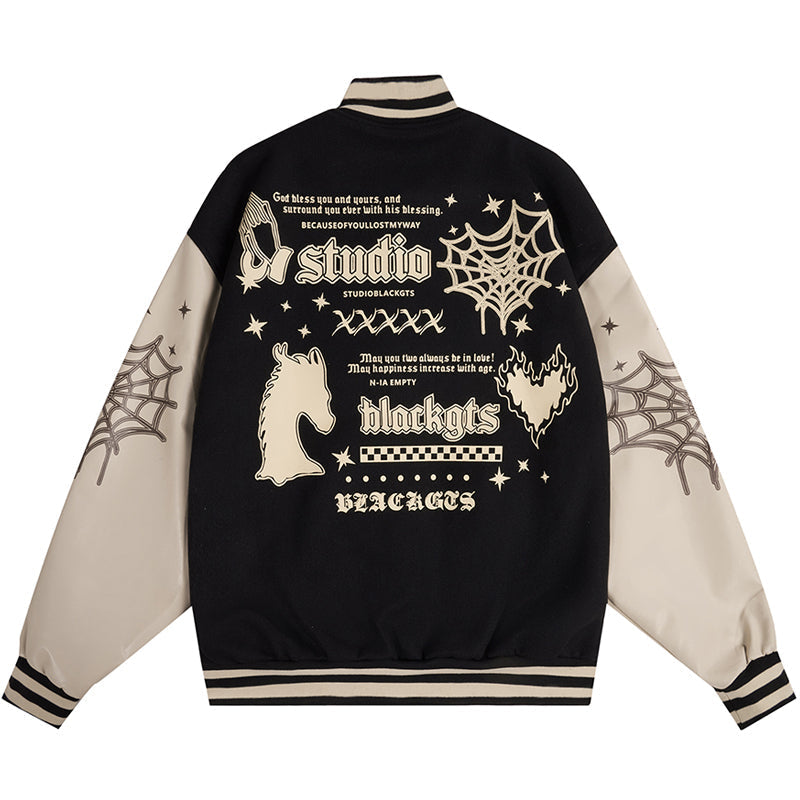 Majesda® - Vintage Varsity Jacket Spider Web Print outfit ideas, streetwear fashion - majesda.com