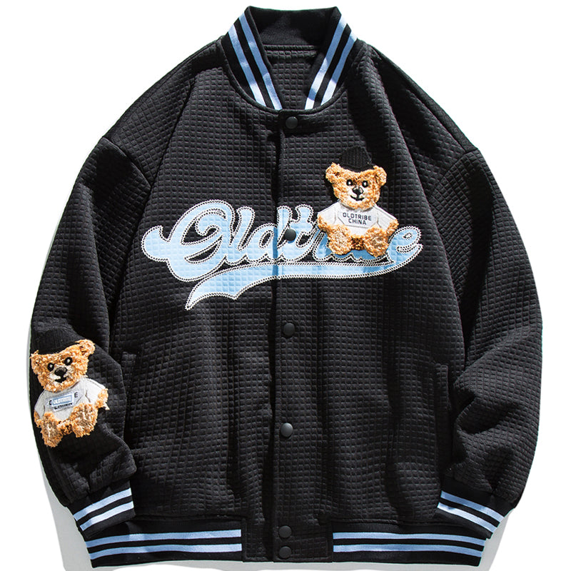 Majesda® - Waffle Letterman Jacket Bear outfit ideas, streetwear fashion - majesda.com