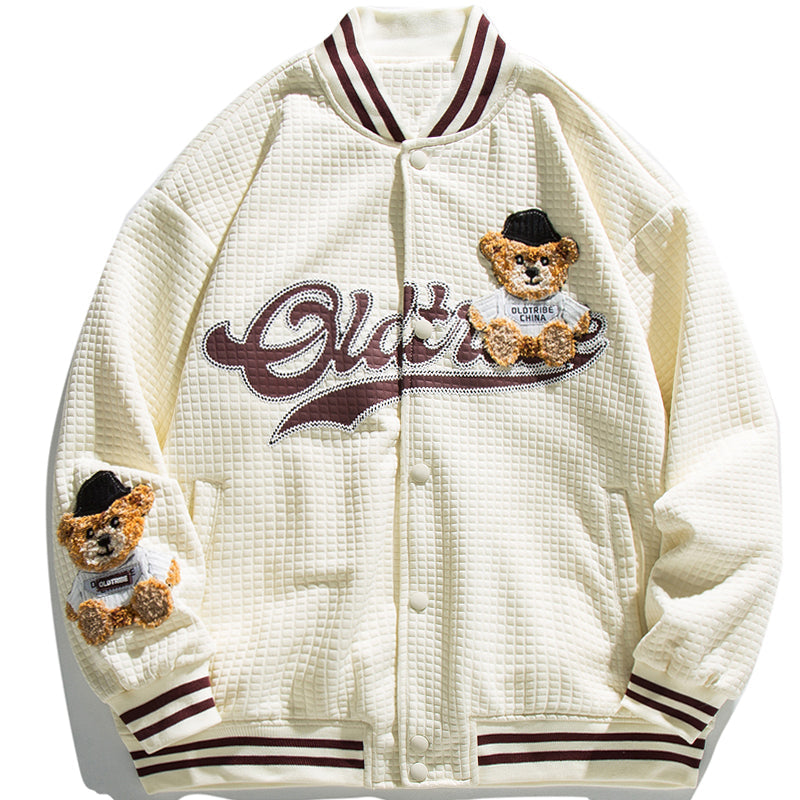 Majesda® - Waffle Letterman Jacket Bear outfit ideas, streetwear fashion - majesda.com