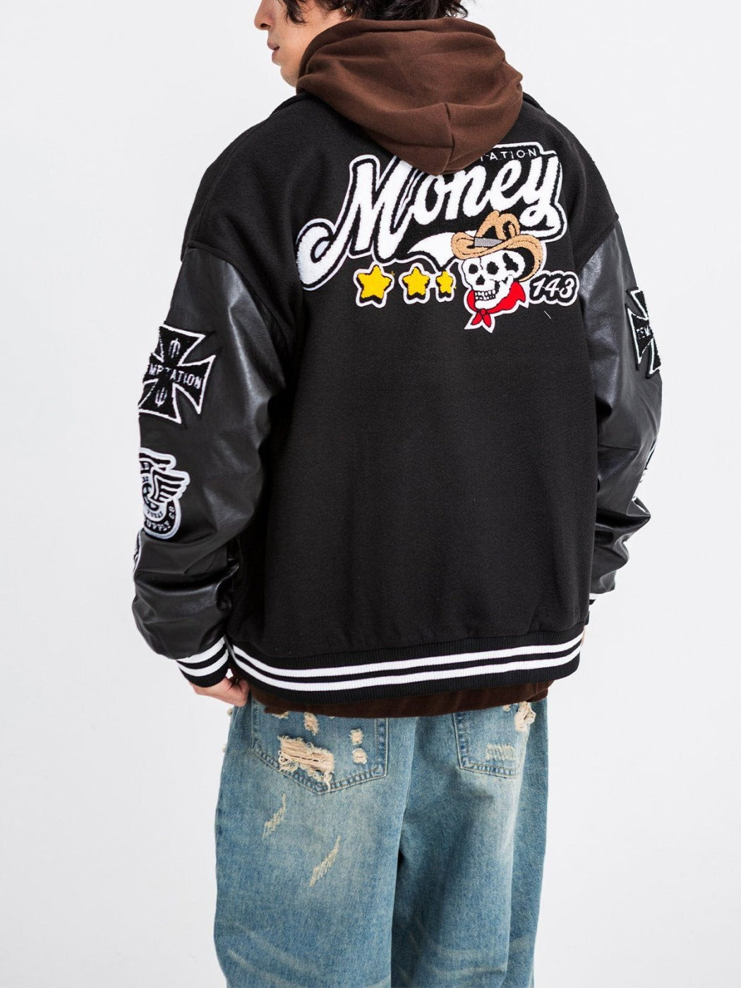 Majesda® - Western Cowboy Skull PU Varsity Jacket outfit ideas, streetwear fashion - majesda.com