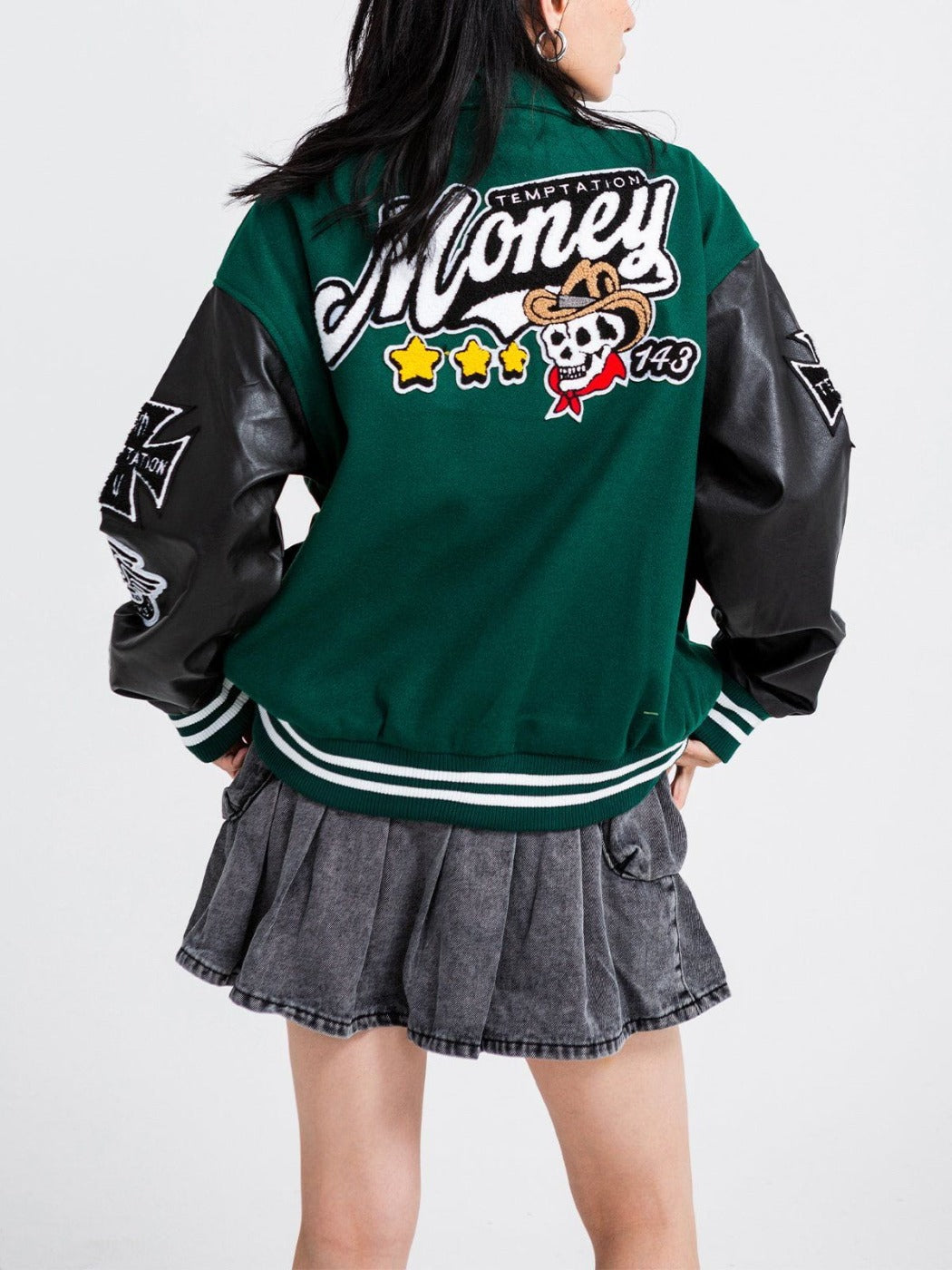 Majesda® - Western Cowboy Skull PU Varsity Jacket outfit ideas, streetwear fashion - majesda.com