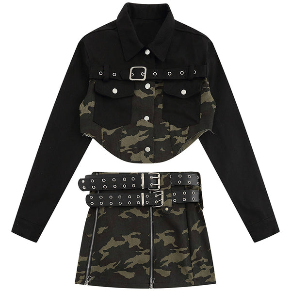 Majesda® - Women Irregular Camouflage Jacket Set outfit ideas, streetwear fashion - majesda.com