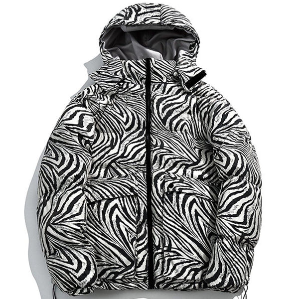 Majesda® - Zebra Pattern Hooded Puffer Jacket outfit ideas streetwear fashion