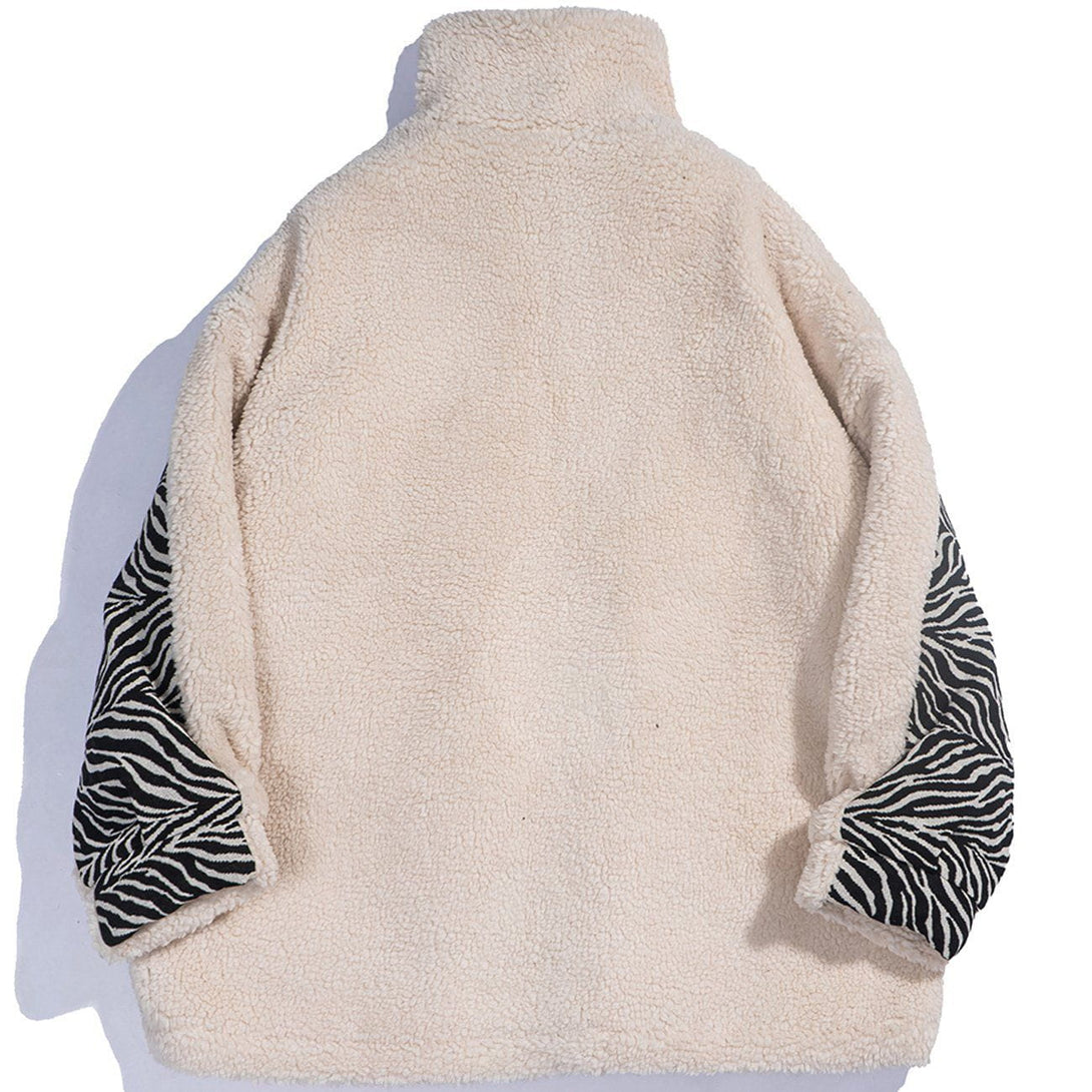 Majesda® - Zebra Pattern Stitching Sherpa Winter Coat outfit ideas streetwear fashion